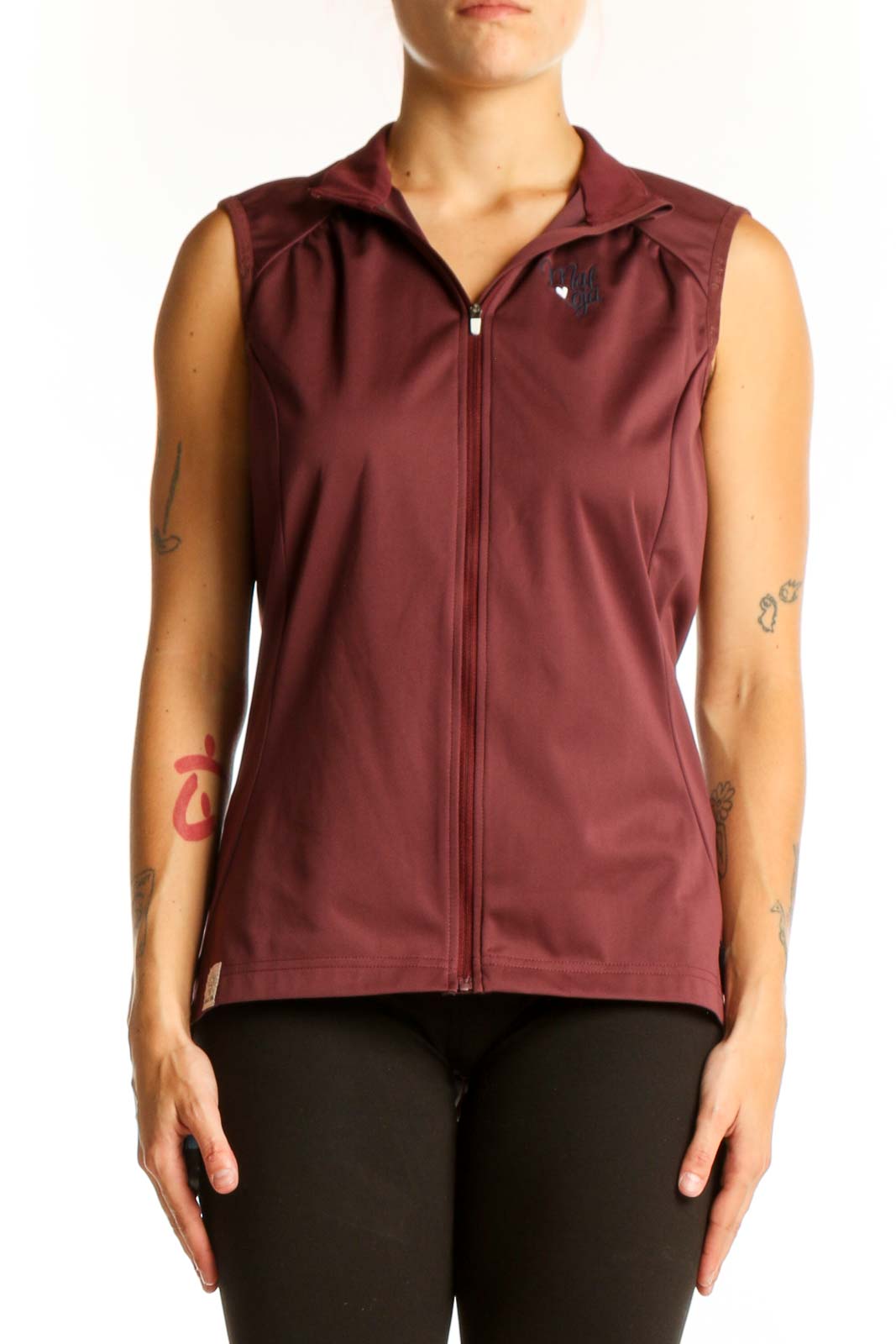 Front view of burgundy sleeveless athletic vest by Maloja