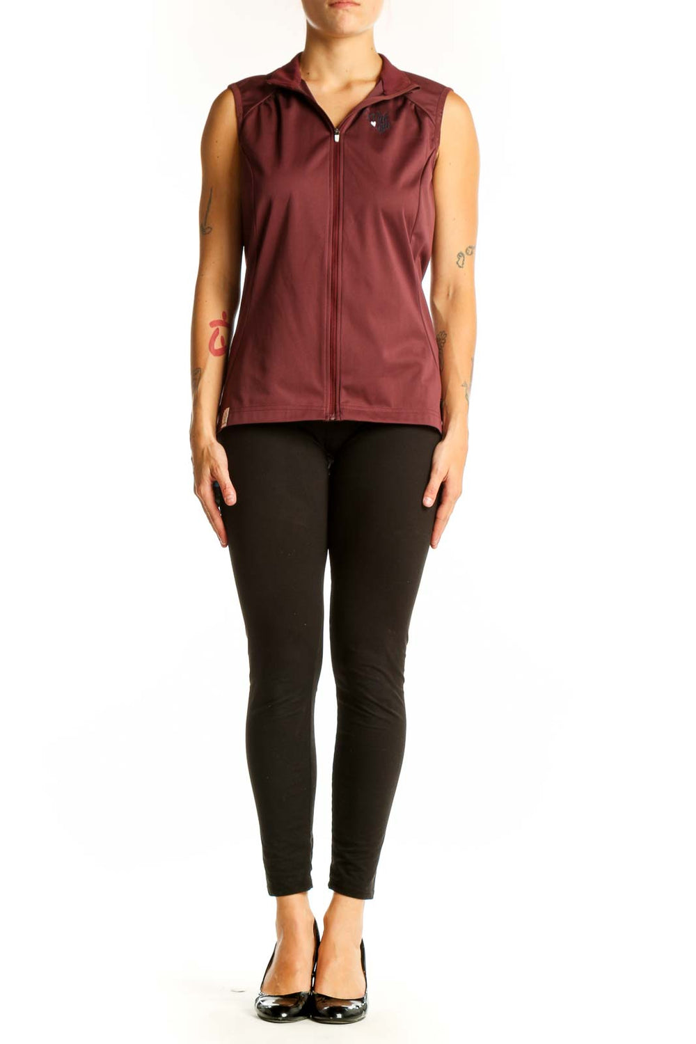 Front view of burgundy sleeveless athletic vest by Maloja
