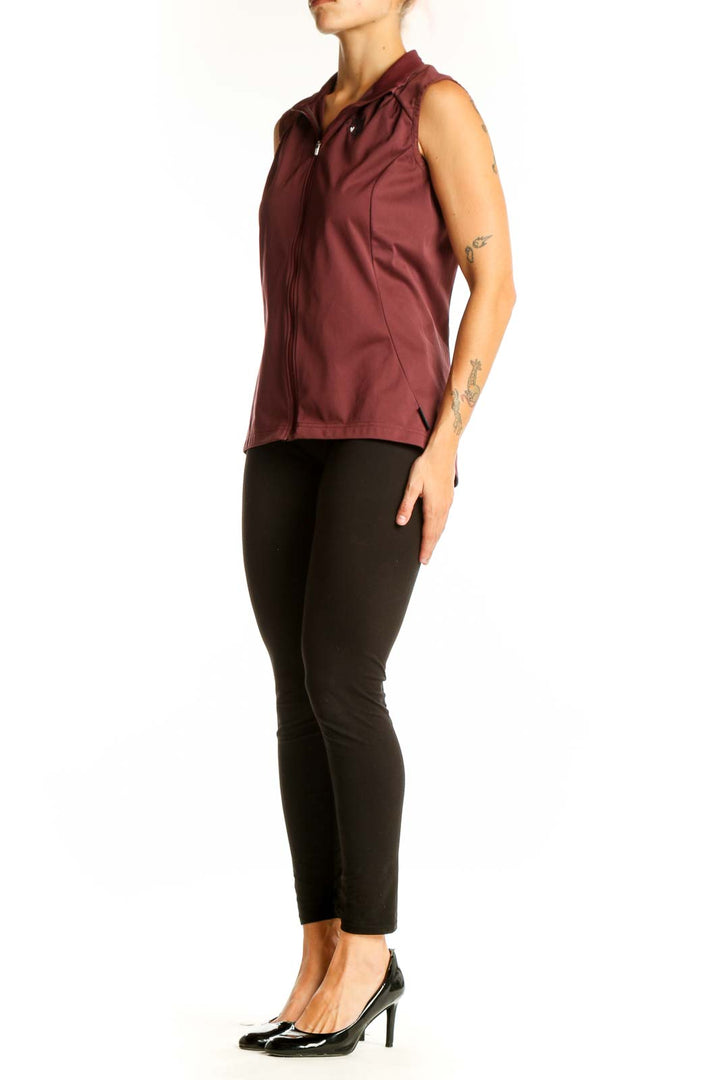 Front view of burgundy sleeveless athletic vest by Maloja