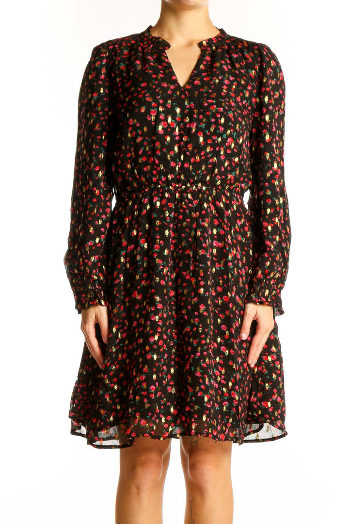 Front view of J.Crew black floral print viscose dress with V-neck