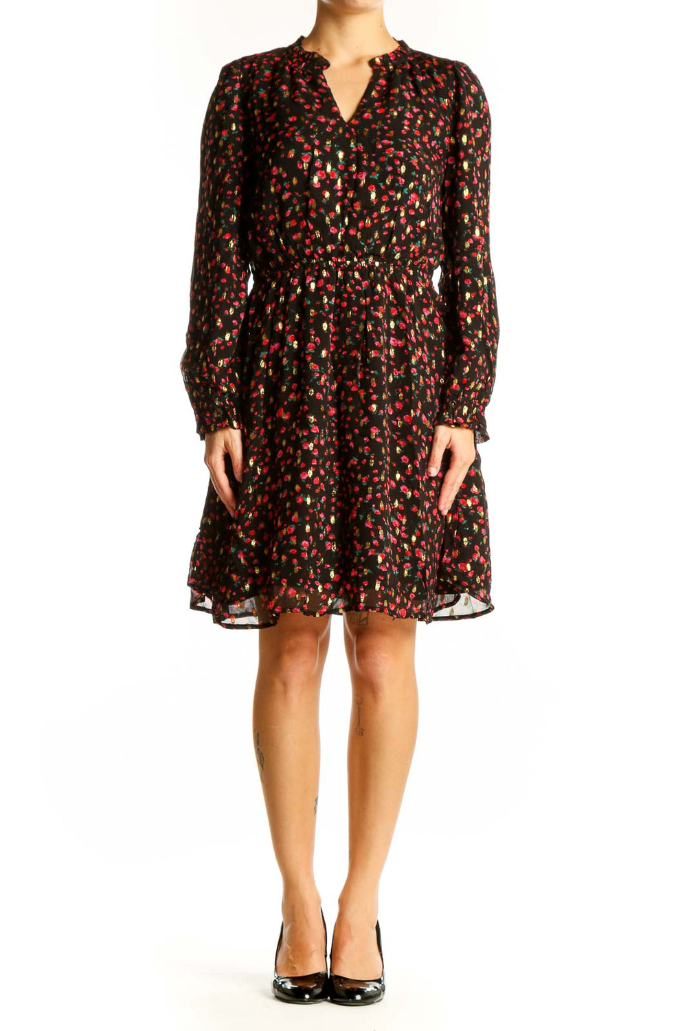 Front view of J.Crew black floral print viscose dress with V-neck