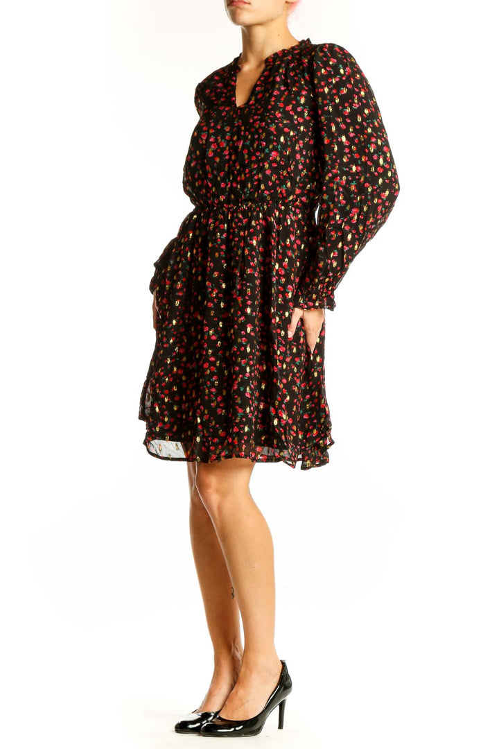 Front view of J.Crew black floral print viscose dress with V-neck