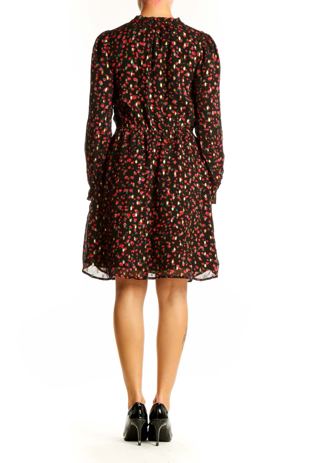 Side view of J.Crew black floral print viscose dress showing gathered waist