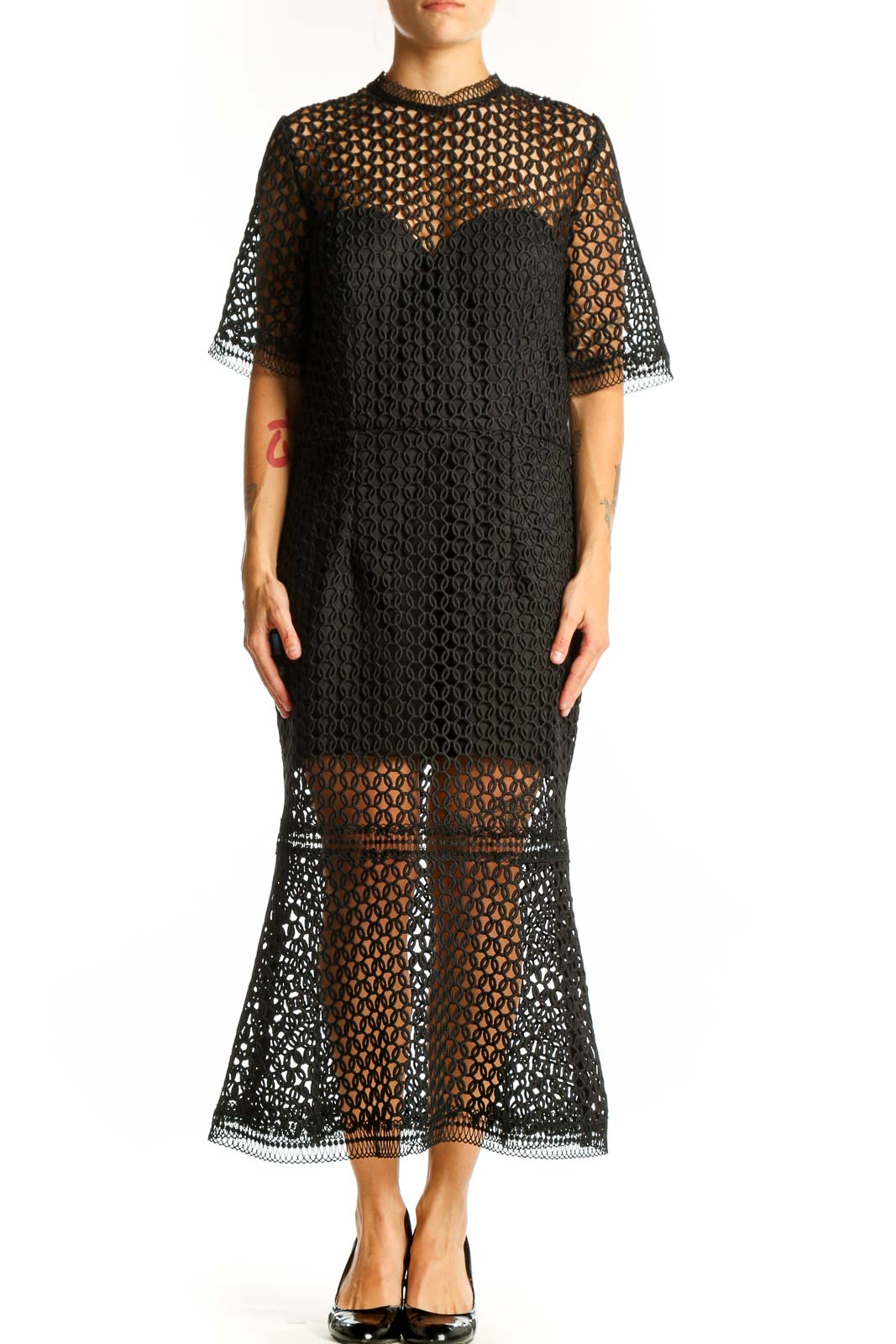Front view of Jarlo black lace overlay midi dress with geometric pattern