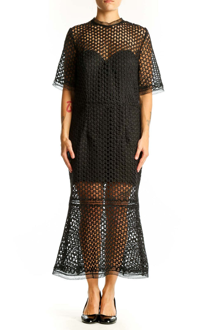 Front view of Jarlo black lace overlay midi dress with geometric pattern