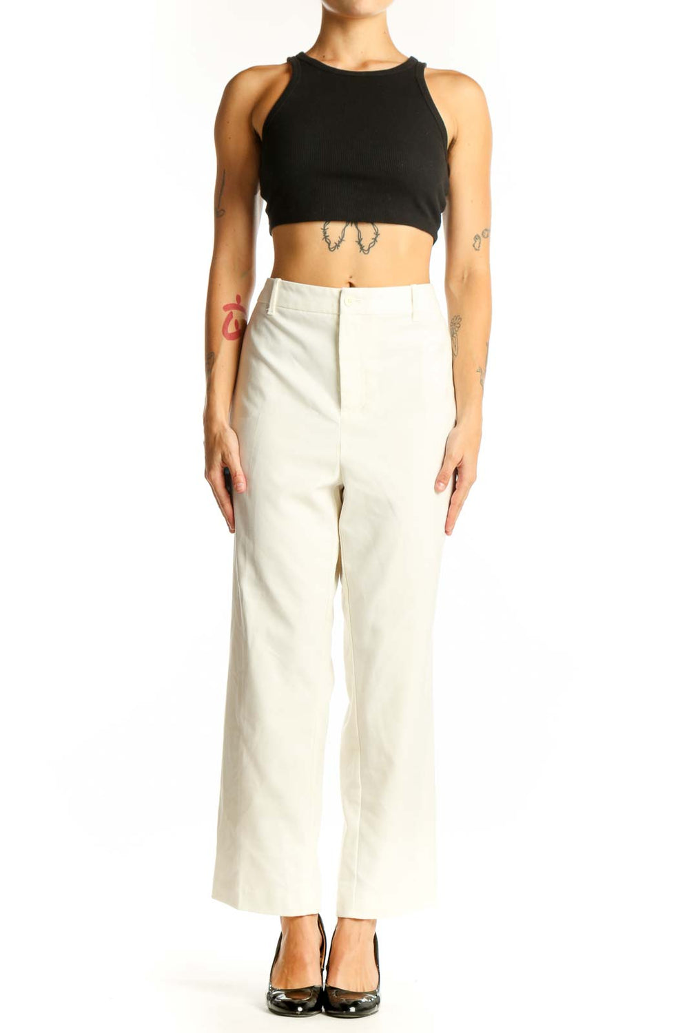 Front view of white wide-leg dress pants by Jaclyn & Smith