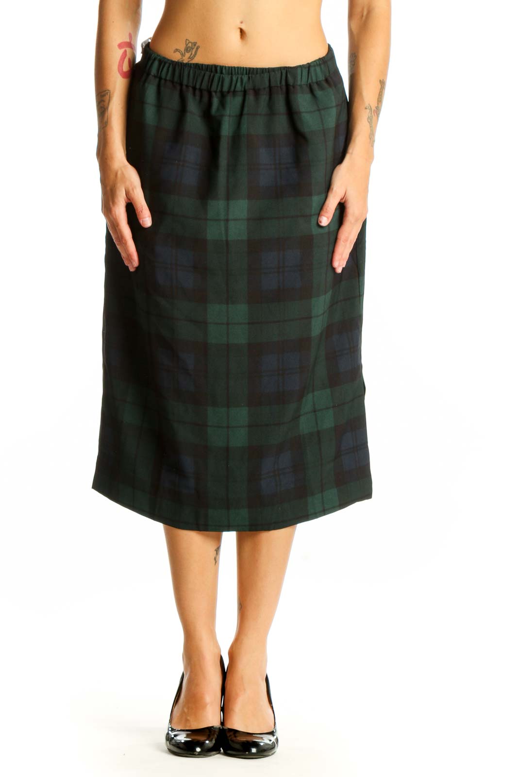 Front view of J.Crew green and navy plaid midi skirt with elastic waistband
