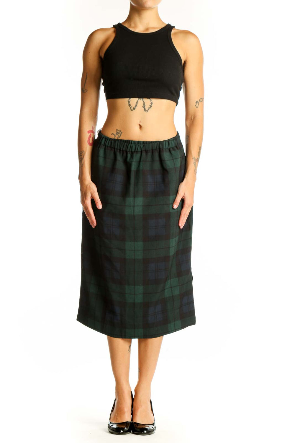 Front view of J.Crew green and navy plaid midi skirt with elastic waistband