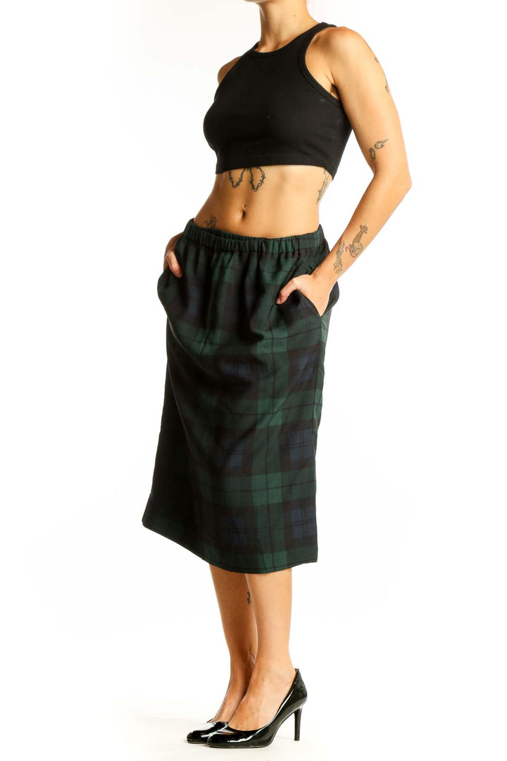 Front view of J.Crew green and navy plaid midi skirt with elastic waistband