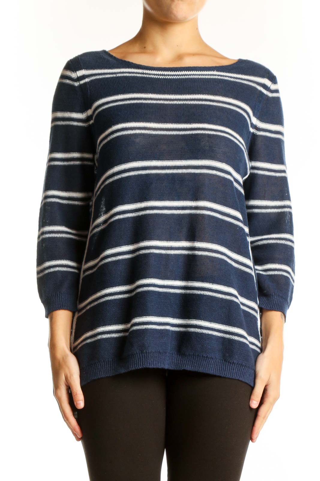 Front view of Talbots navy and white striped linen knit sweater with boat neck