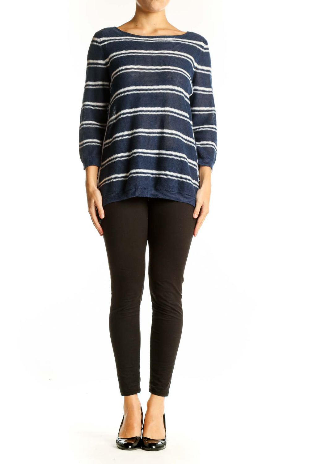 Front view of Talbots navy and white striped linen knit sweater with boat neck