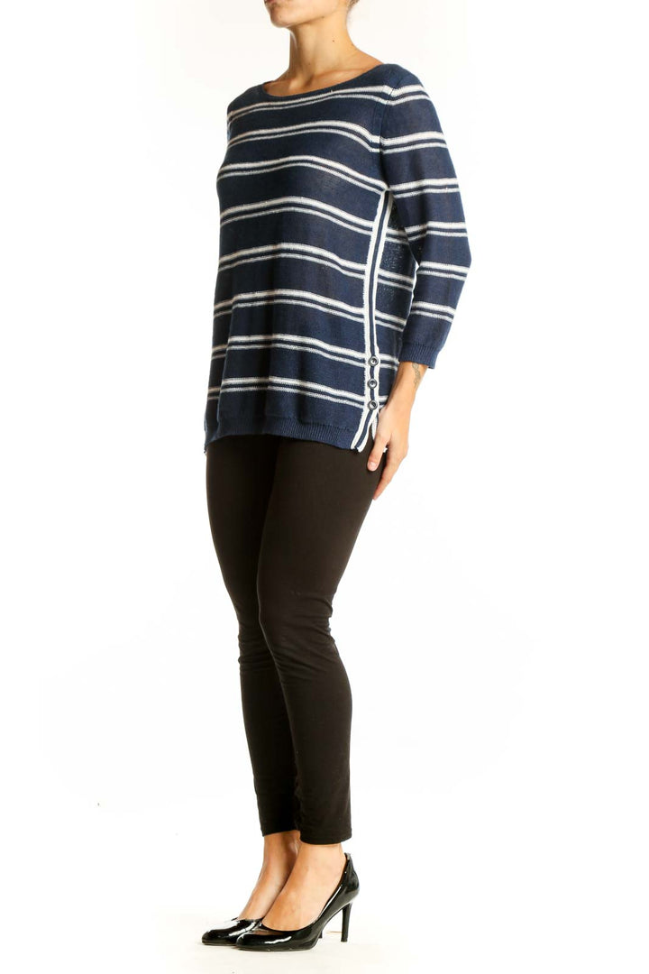 Front view of Talbots navy and white striped linen knit sweater with boat neck