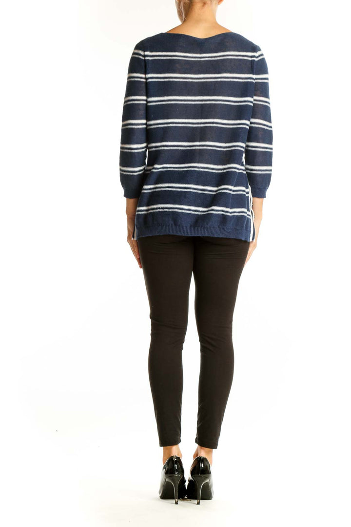 Side view of Talbots navy striped linen knit sweater showing side slit with decorative tie