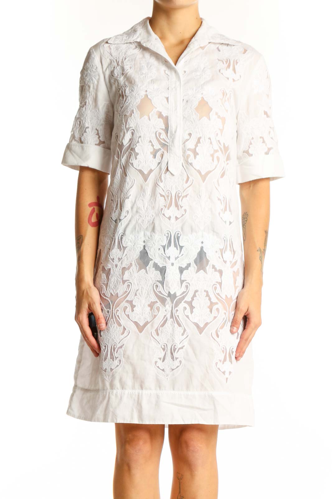Front view of Elie Tahari white lace overlay shirt dress with button-down front