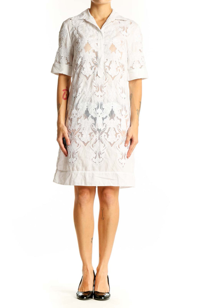 Front view of Elie Tahari white lace overlay shirt dress with button-down front