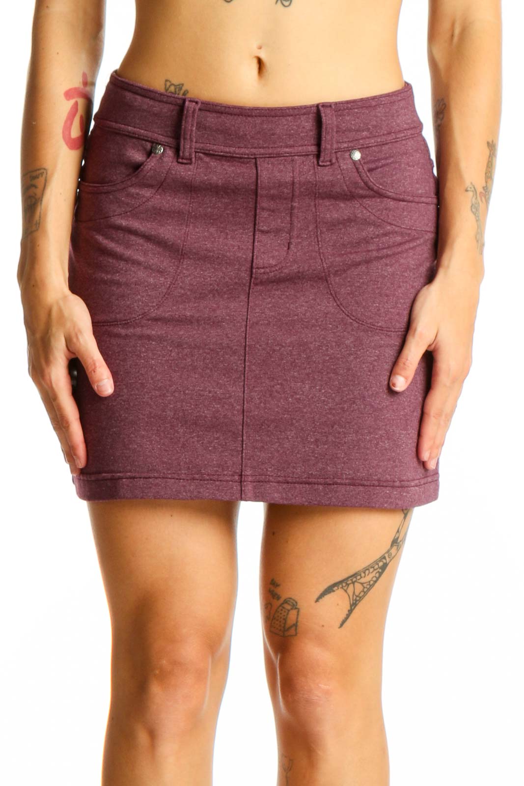 Front view of Athleta burgundy mini skirt with pockets