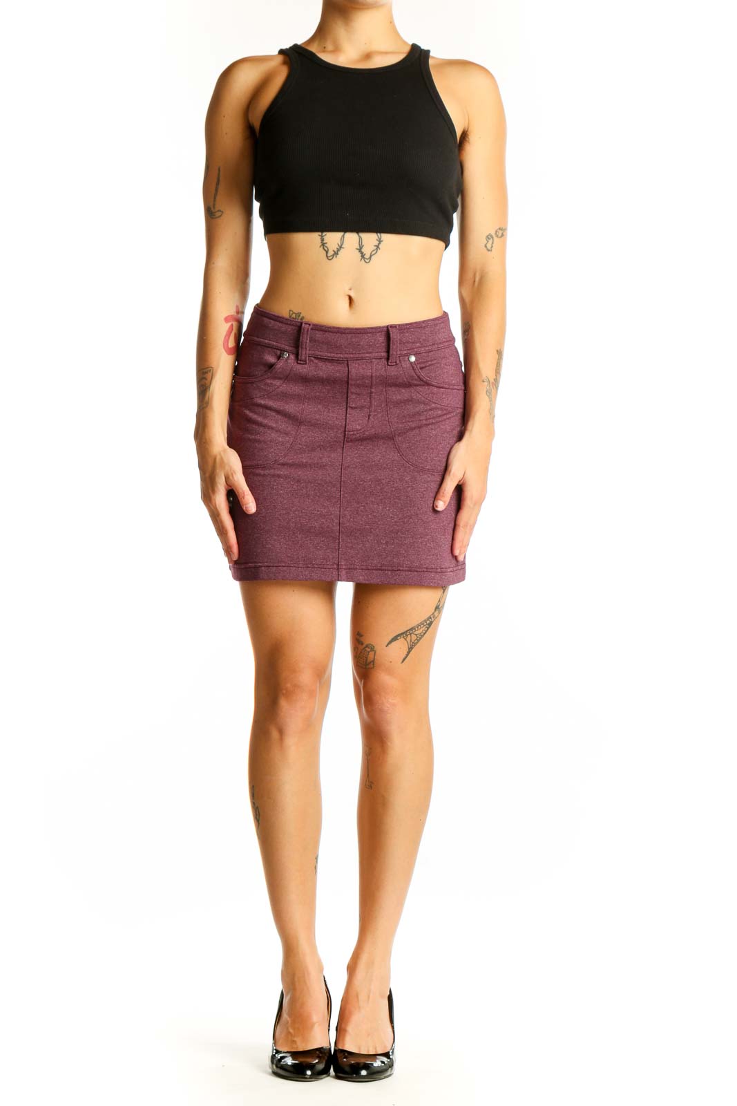 Front view of Athleta burgundy mini skirt with pockets