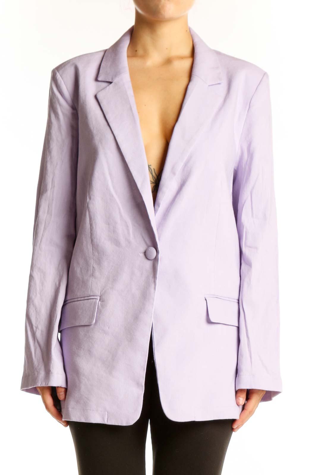 Front view of lavender Halston oversized linen-blend blazer