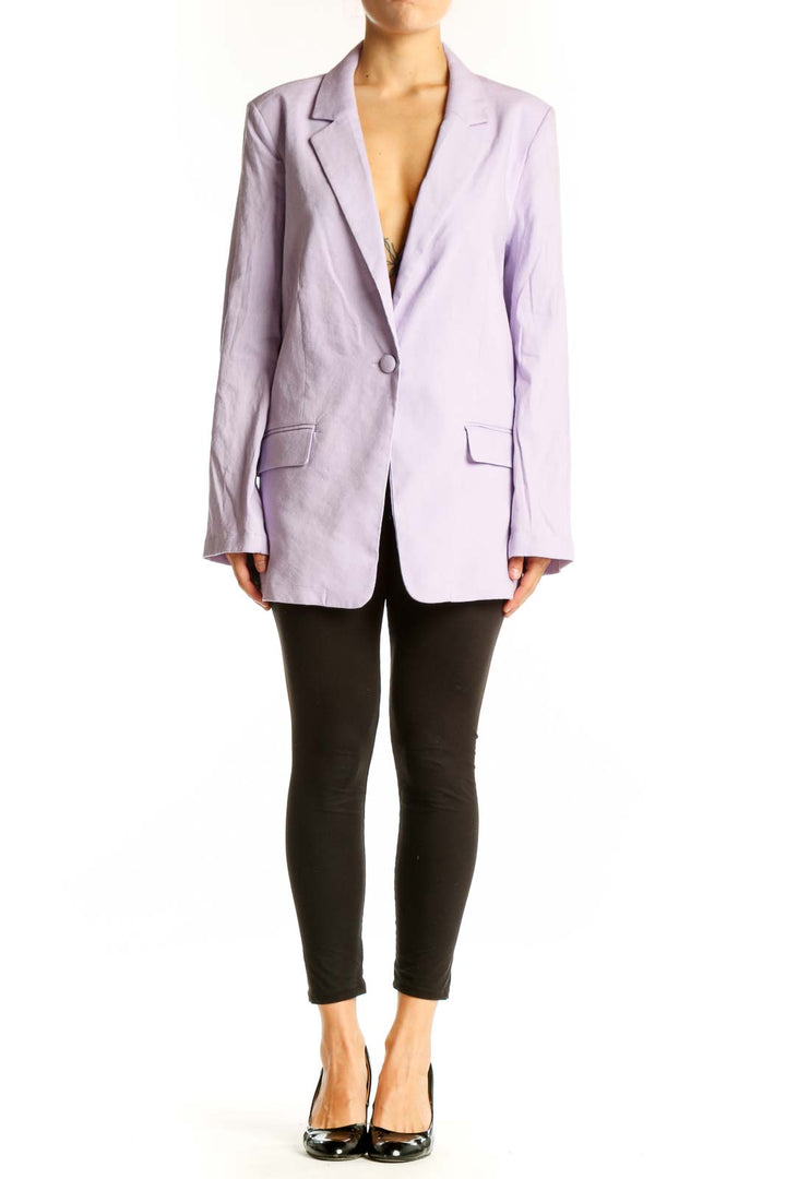 Front view of lavender Halston oversized linen-blend blazer