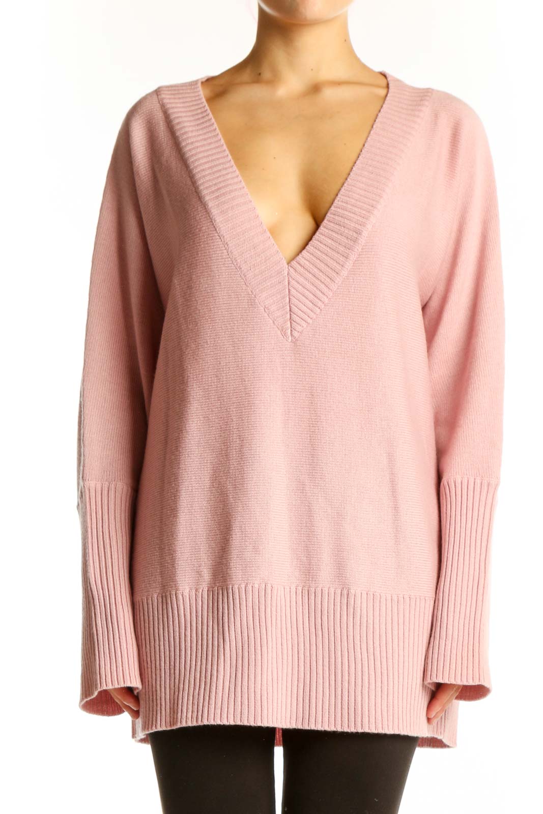 Front view of pink Merino wool V-neck sweater from Casual Corner