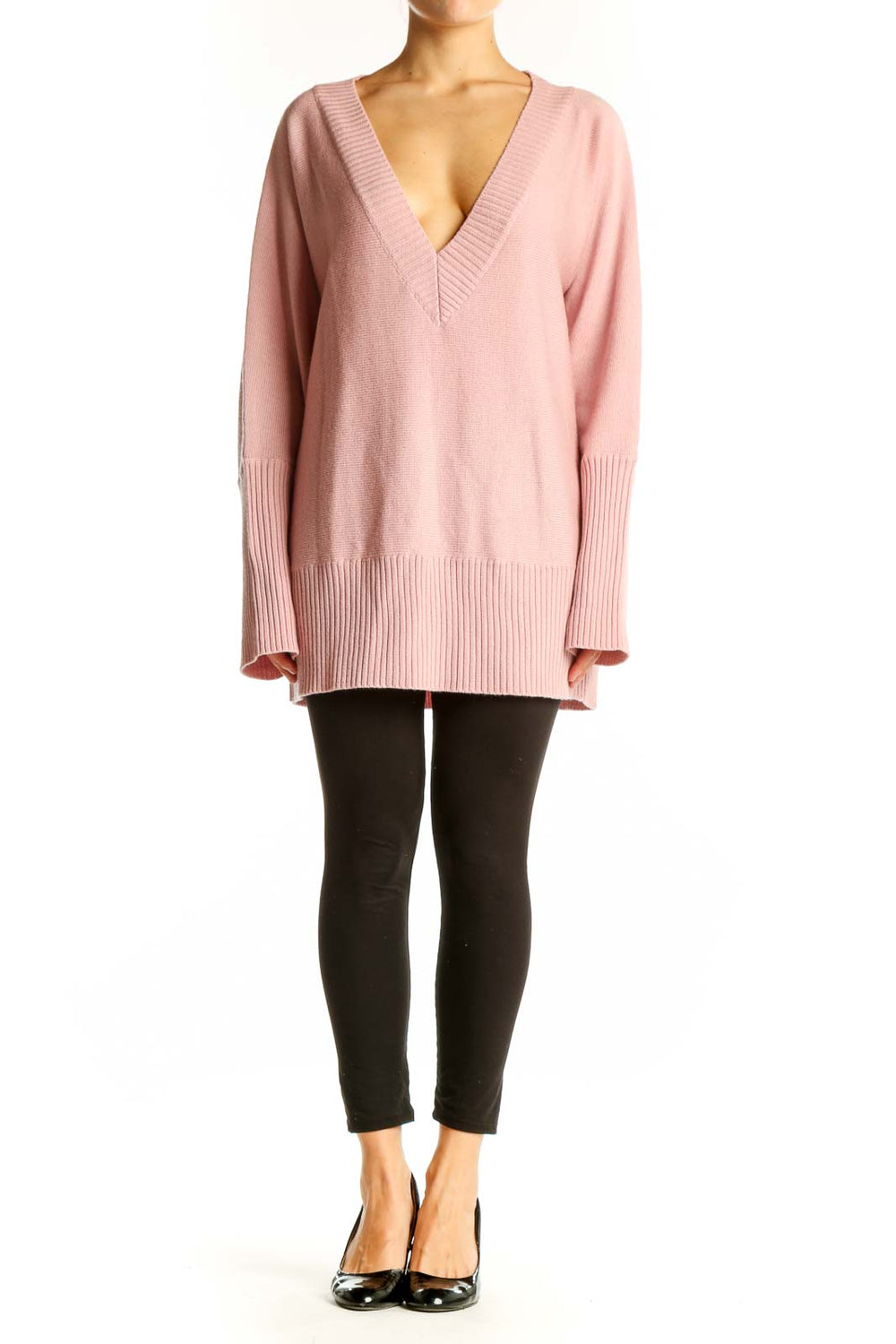 Front view of pink Merino wool V-neck sweater from Casual Corner