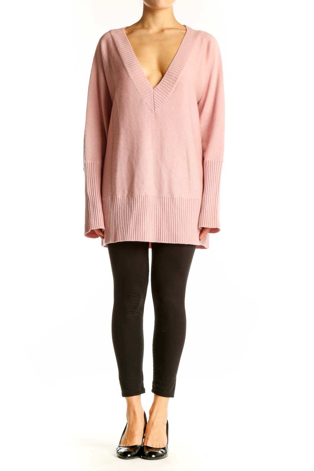 Front view of pink Merino wool V-neck sweater from Casual Corner