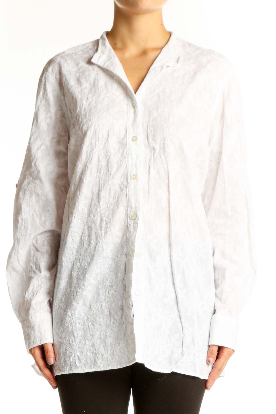 Front view of white cotton button-down shirt from Lands' End