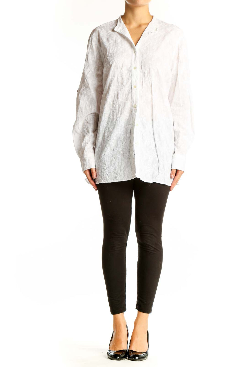 Front view of white cotton button-down shirt from Lands' End