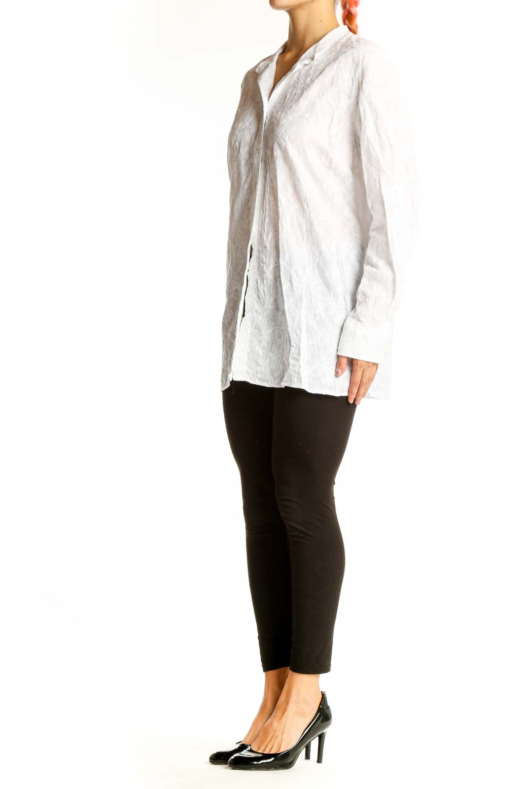 Front view of white cotton button-down shirt from Lands' End