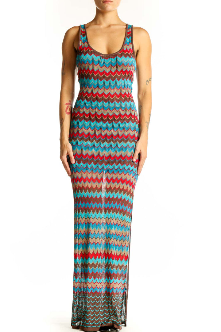 Front view of Haute Hippie Turquoise Chevron Knit Maxi Dress