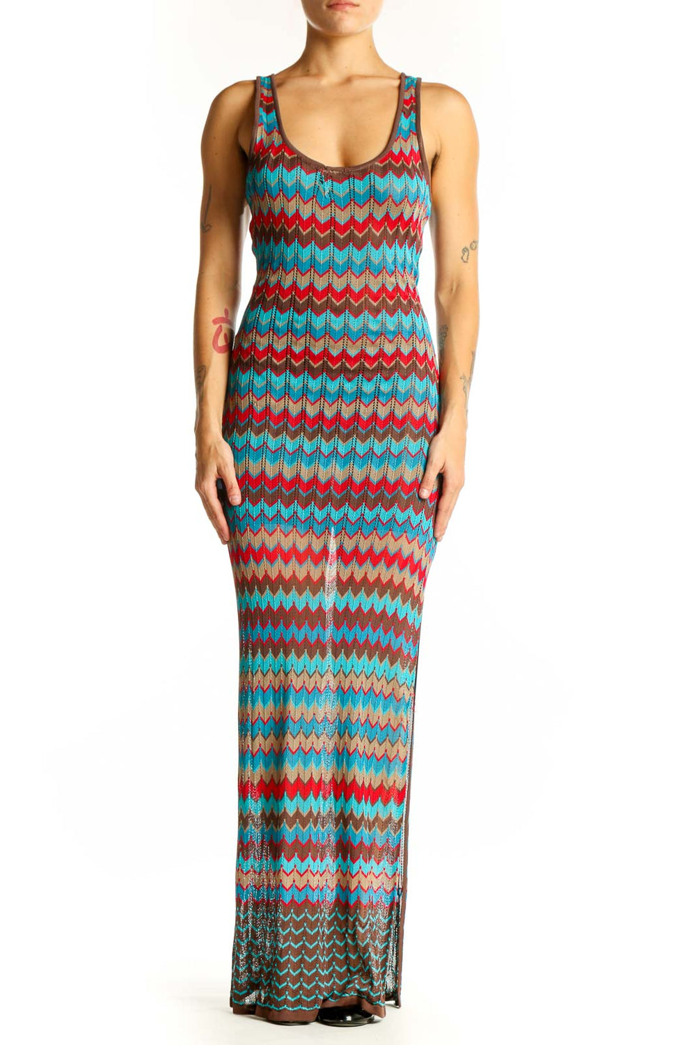 Front view of Haute Hippie Turquoise Chevron Knit Maxi Dress