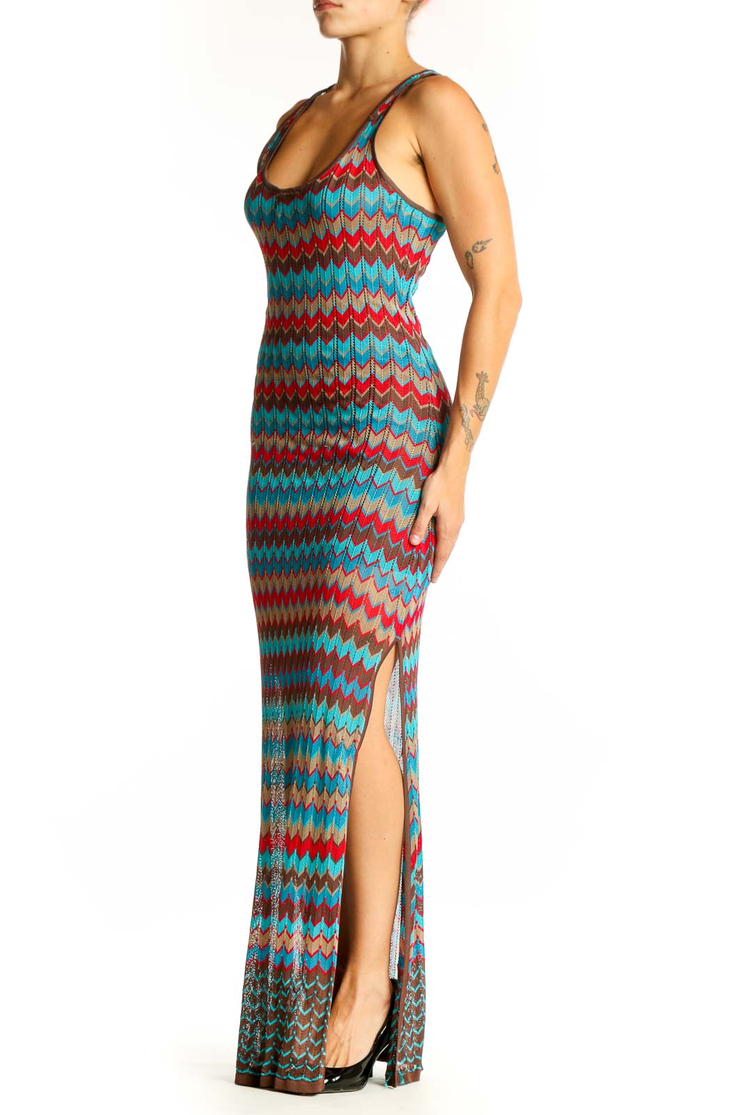 Front view of Haute Hippie Turquoise Chevron Knit Maxi Dress