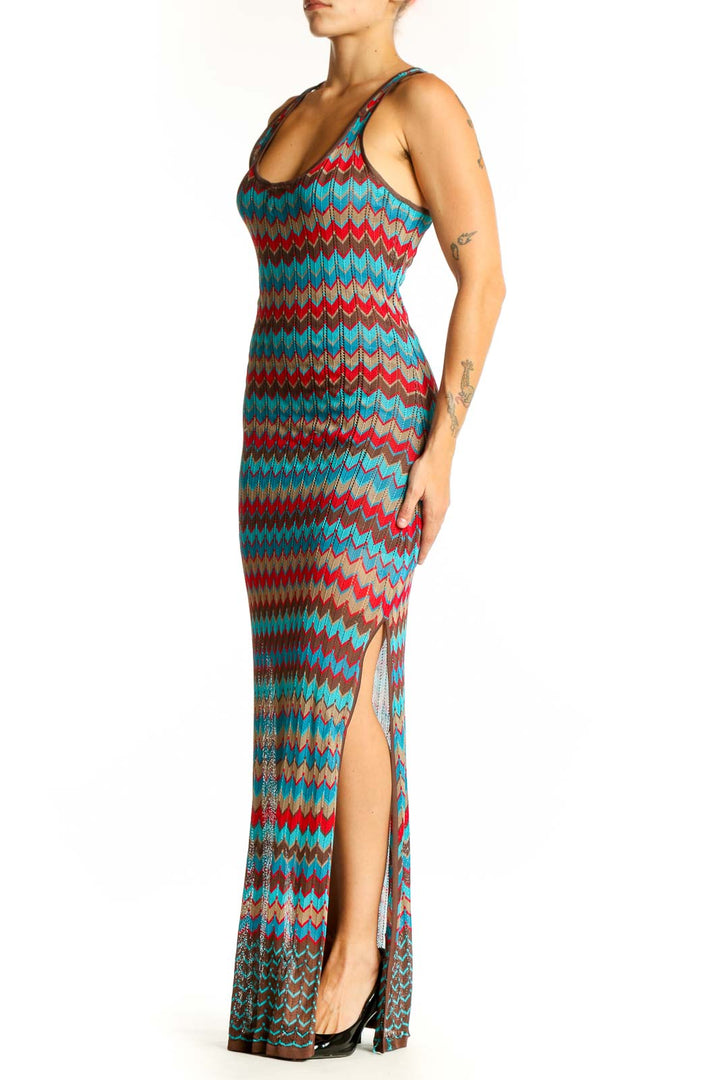 Front view of Haute Hippie Turquoise Chevron Knit Maxi Dress
