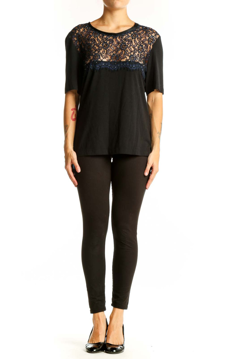 Front view of black St. John Couture top with sparkling lace yoke