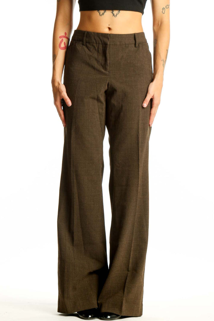 Front view of brown wide-leg dress pants from Express Design Studio