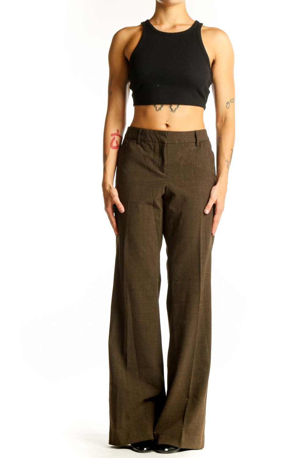 Front view of brown wide-leg dress pants from Express Design Studio