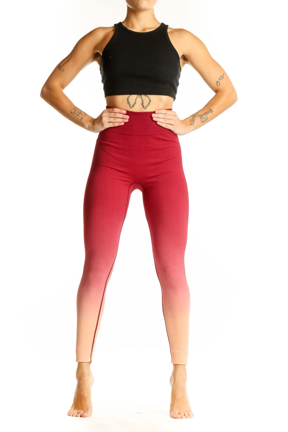 Front view of red ombre high-waisted ribbed leggings from The Upside
