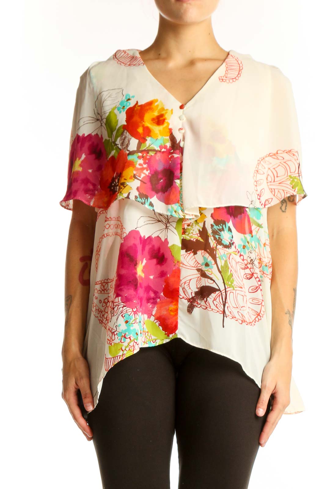Front view of Sunny Leigh white floral print layered blouse with V-neckline