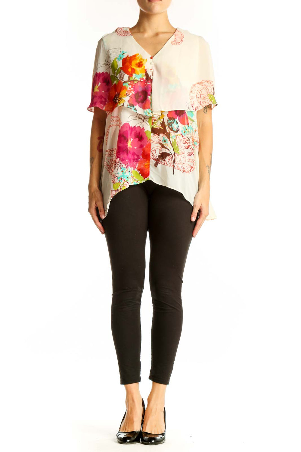 Front view of Sunny Leigh white floral print layered blouse with V-neckline
