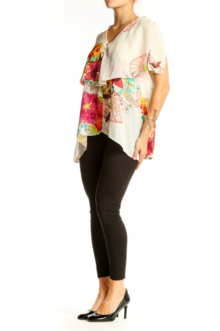 Front view of Sunny Leigh white floral print layered blouse with V-neckline