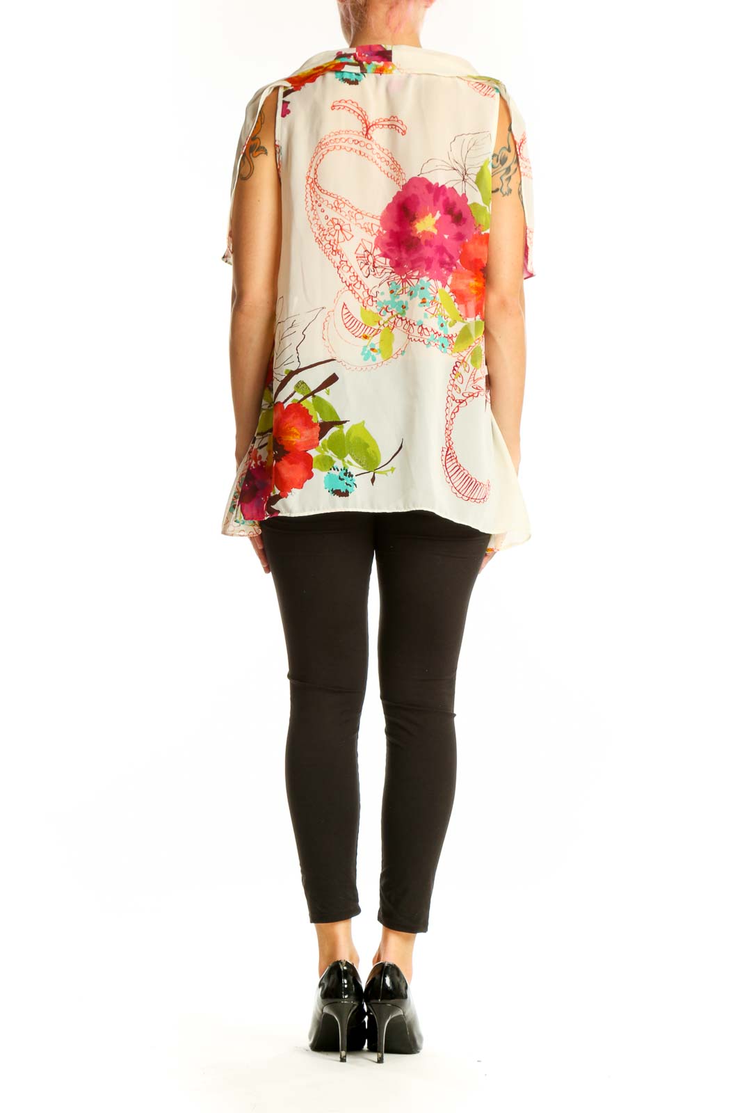 Side view of Sunny Leigh white floral print layered blouse showing asymmetrical hemline