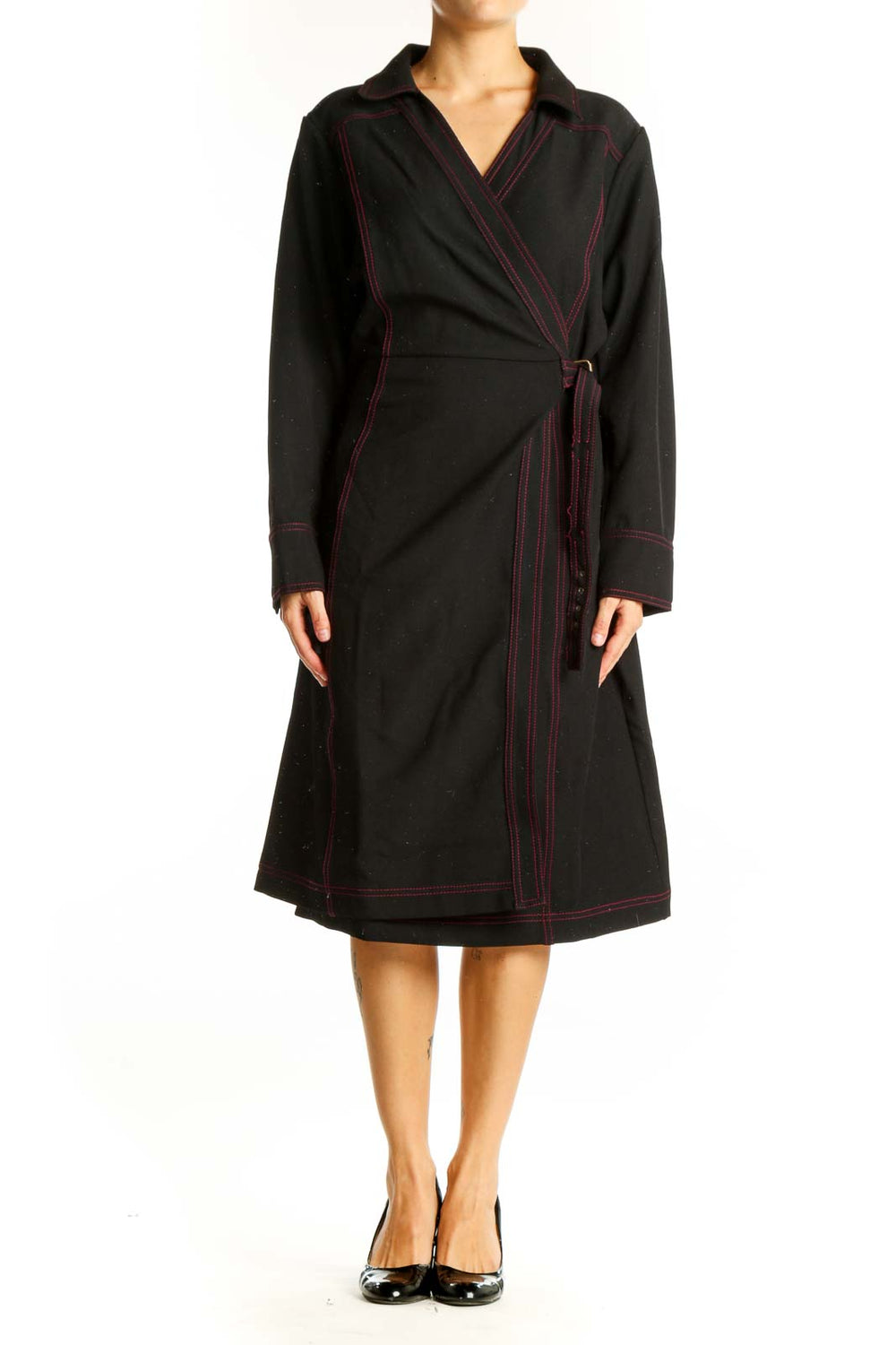 Front view of Estate black wrap dress with red contrast stitching