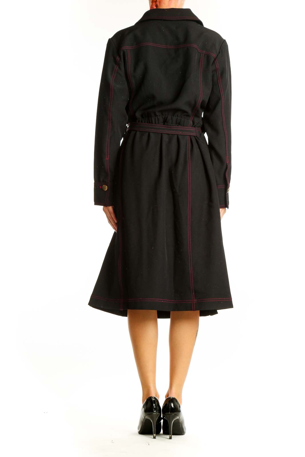 Back view of Estate black wrap dress showing red stitching details