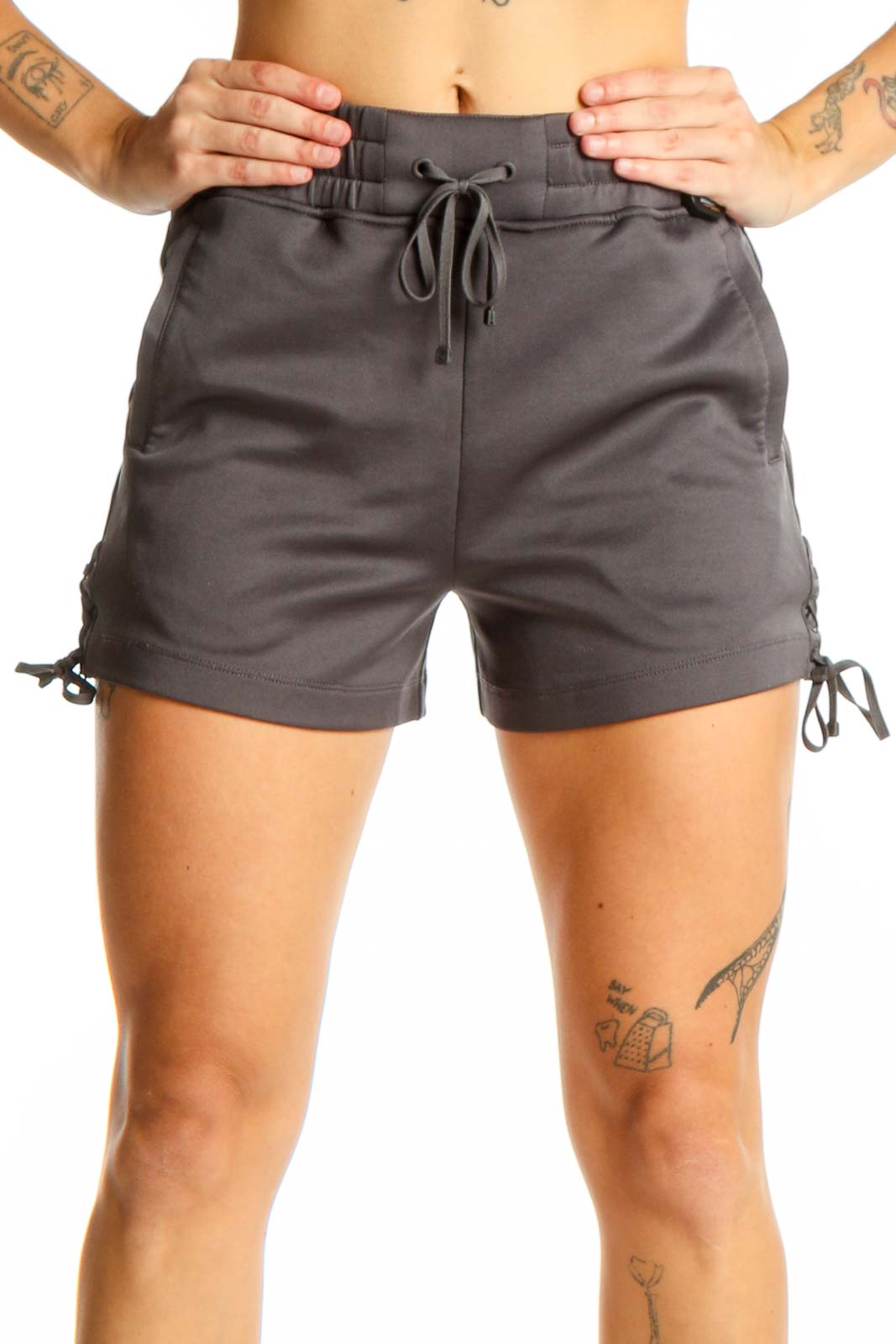Front view of gray Blanc Noir athletic shorts with drawstring waist
