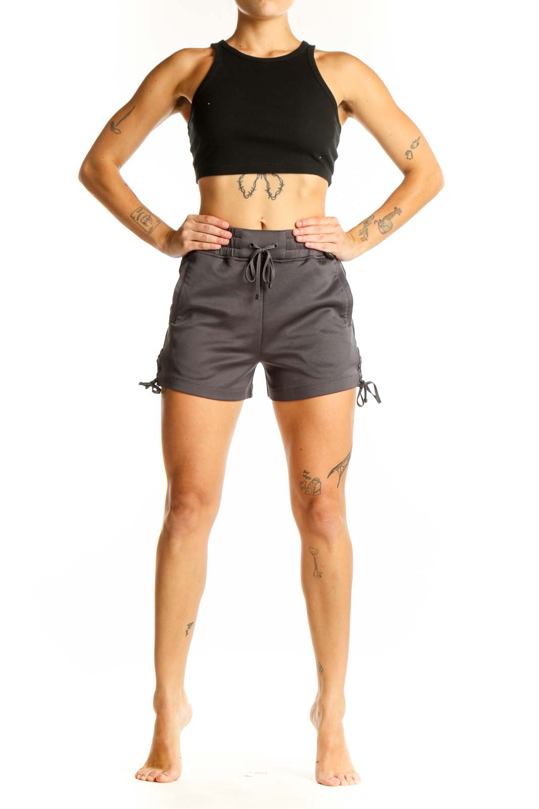 Front view of gray Blanc Noir athletic shorts with drawstring waist