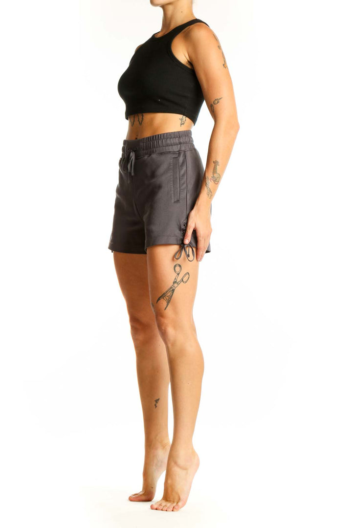 Front view of gray Blanc Noir athletic shorts with drawstring waist