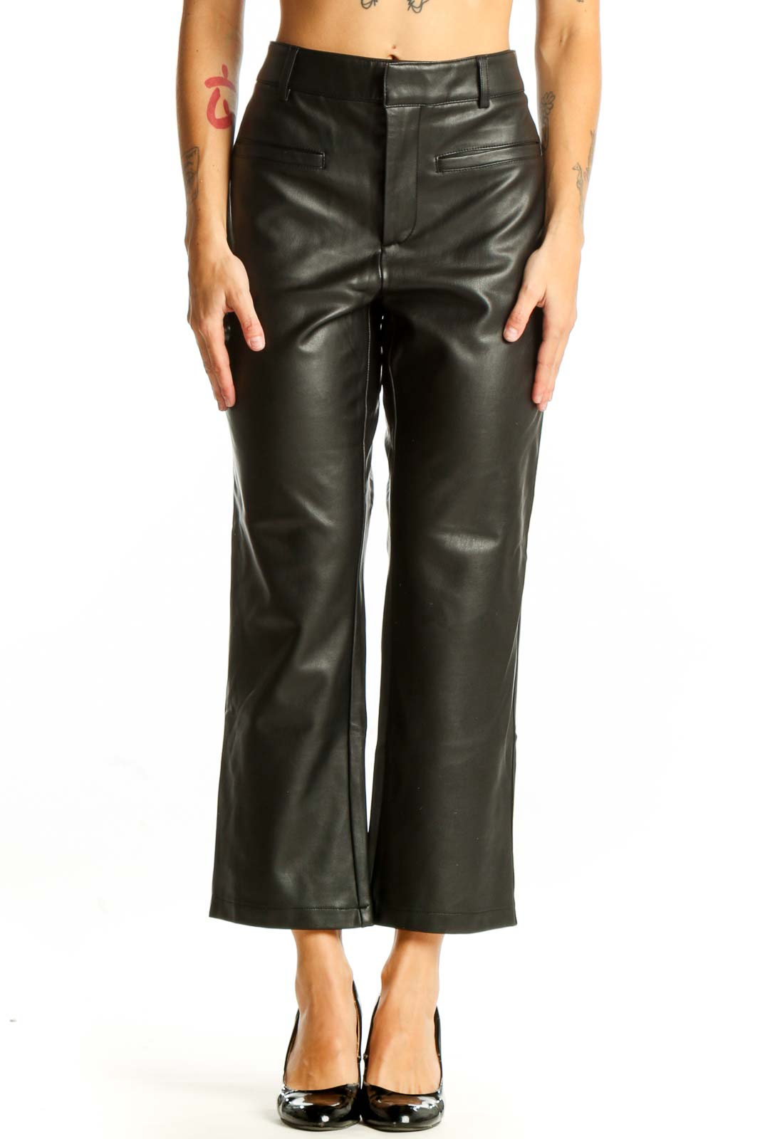 Front view of Maeve black faux leather wide-leg trousers