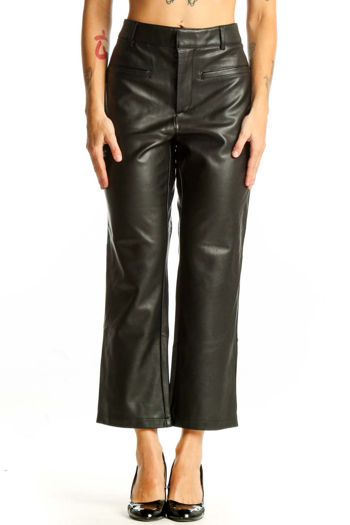 Front view of Maeve black faux leather wide-leg trousers