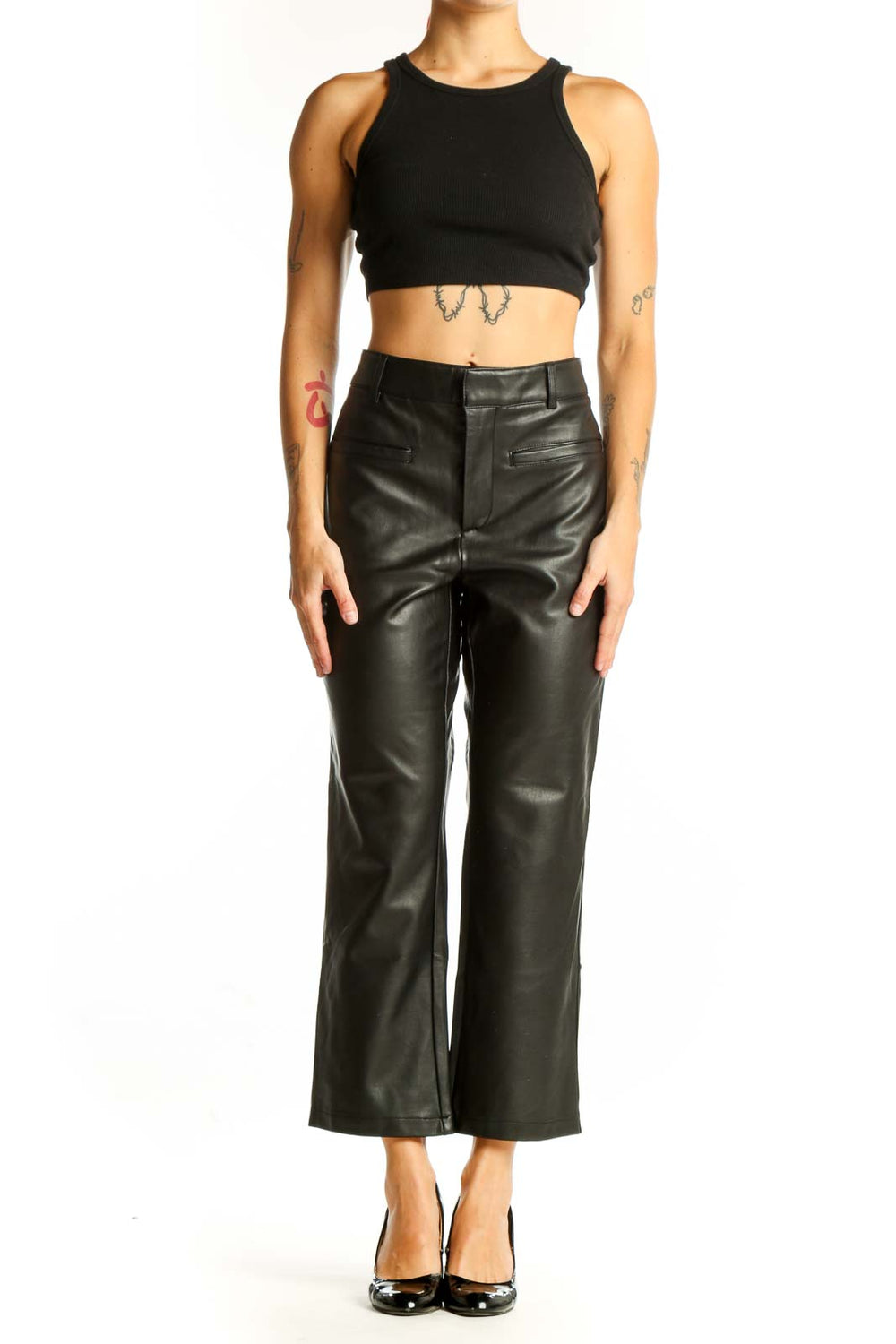 Front view of Maeve black faux leather wide-leg trousers