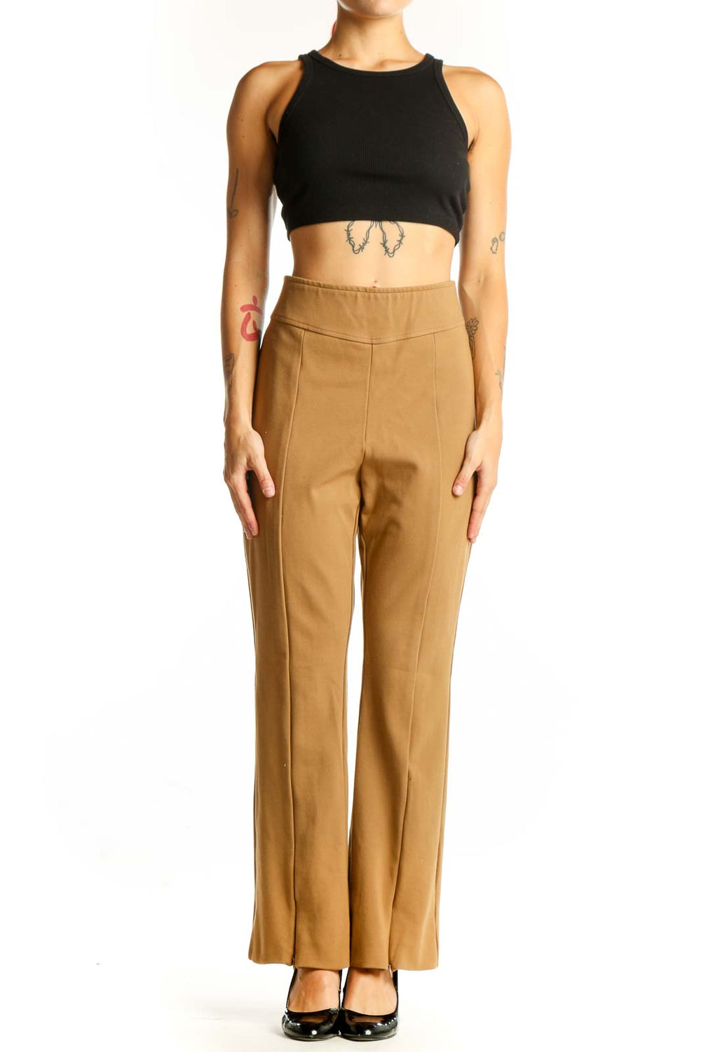 Front view of J.Crew camel wide-leg viscose pants